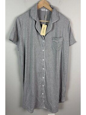 NWT Ekouaer Button Down Sleep Shirt Nightgown Grey 2XL Short Sleeve Women’s